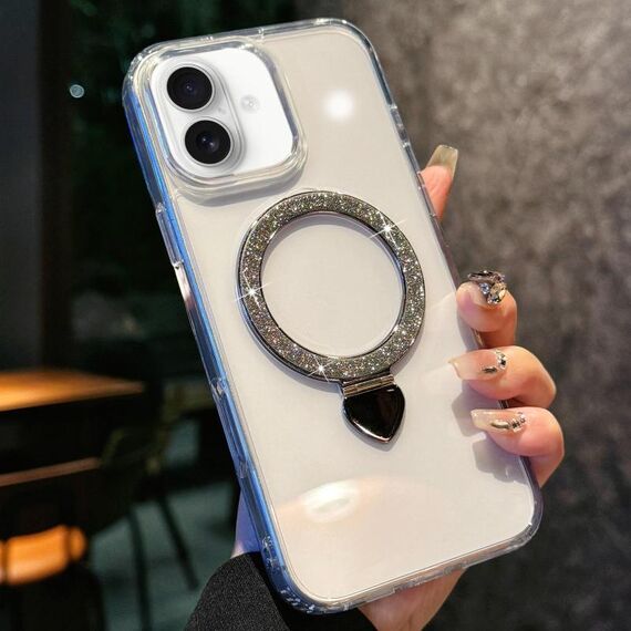 Per iPhone 16 Love Glitter Powder MagSafe Holder Custodia per telefono con pellicola per obiettivo (argento)
