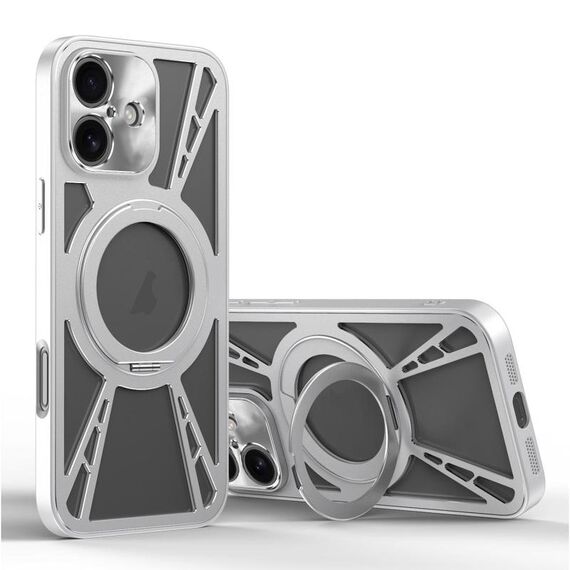 Per iPhone 16 Custodia per telefono MagSafe con supporto in metallo cavo di raffreddamento (argento)