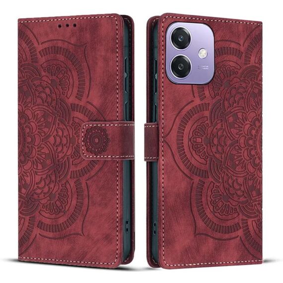 Per OPPO A3 4G / 5G / A40 4G Custodia per telefono in pelle smerigliata retrò con motivo mandala in rilievo (rosso)