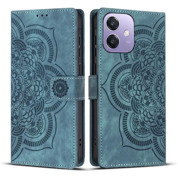 Per OPPO A3 4G / 5G / A40 4G Custodia per telefono in pelle smerigliata retrò con motivo mandala in rilievo (blu)
