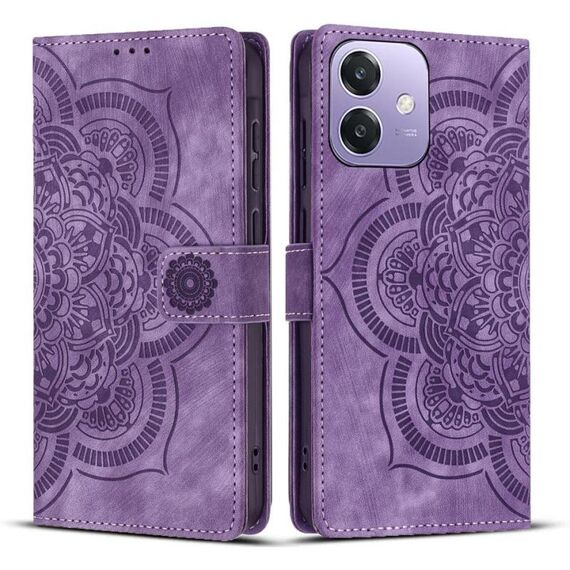 Per OPPO A3 4G / 5G / A40 4G Custodia per telefono in pelle smerigliata retrò con motivo mandala in rilievo (viola)