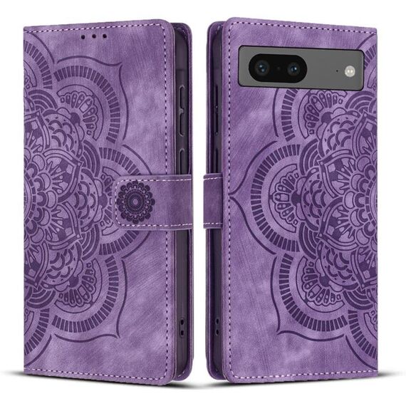 Per Google Pixel 8 Custodia per telefono in pelle smerigliata retrò con motivo mandala in rilievo (viola)