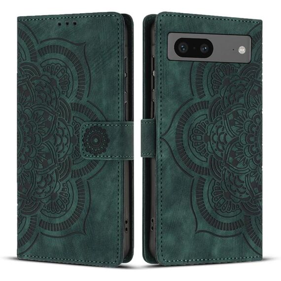 Per Google Pixel 8 Custodia per telefono in pelle smerigliata retrò con motivo mandala in rilievo (verde)