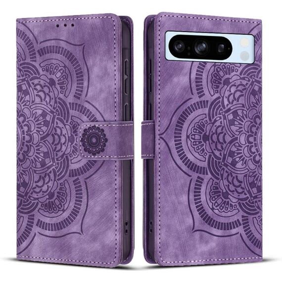 Per Google Pixel 8 Pro Custodia per telefono in pelle smerigliata retrò con motivo mandala in rilievo (viola)