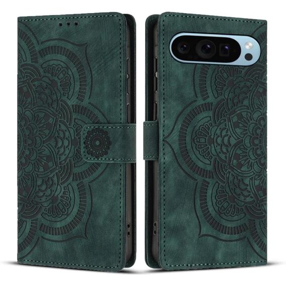 Per Google Pixel 9 / 9 Pro Custodia per telefono in pelle smerigliata retrò con motivo mandala in rilievo (verde)