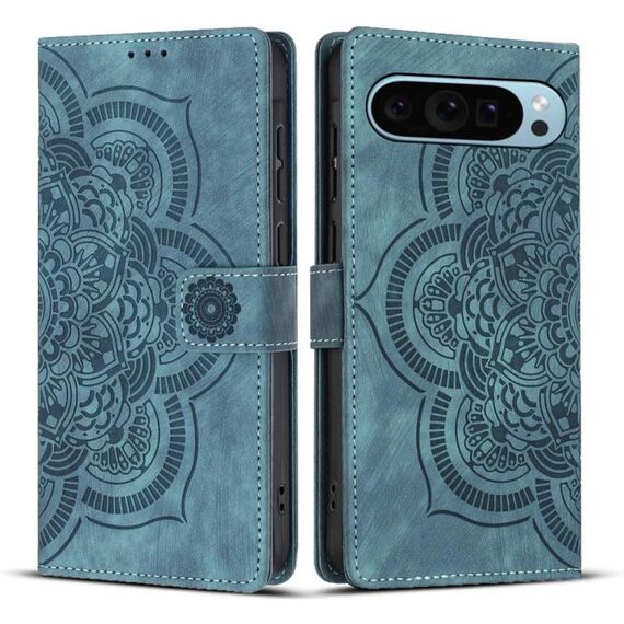 Per Google Pixel 9 Pro XL Custodia per telefono in pelle smerigliata retrò con motivo mandala in rilievo (blu)