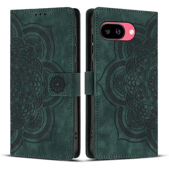 Per Google Pixel 9a Custodia per telefono in pelle smerigliata retrò con motivo mandala in rilievo (verde)