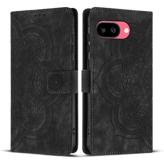 Per Google Pixel 9a Custodia per telefono in pelle smerigliata retrò con motivo mandala in rilievo (nero)