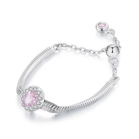 Anello regolabile in argento sterling S925 con catena morbida e zircone rosa (BSR632-E)