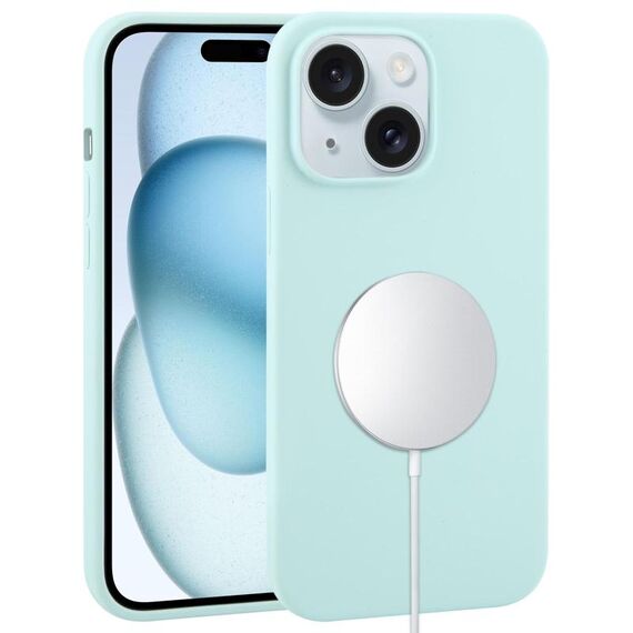 Custodia per iPhone 15 Plus con copertura totale in silicone liquido MagSafe (ciano)