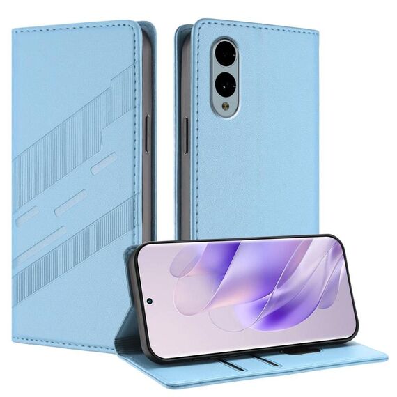 Custodia per telefono in pelle retrò con portafoglio multifunzionale in rilievo per Fujitsu Arrows We2 / F-52E (blu chiaro)