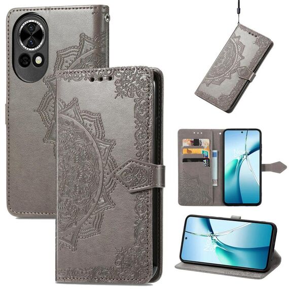 Custodia in pelle con stampa mandala floreale per Huawei Nova 13 (grigio)