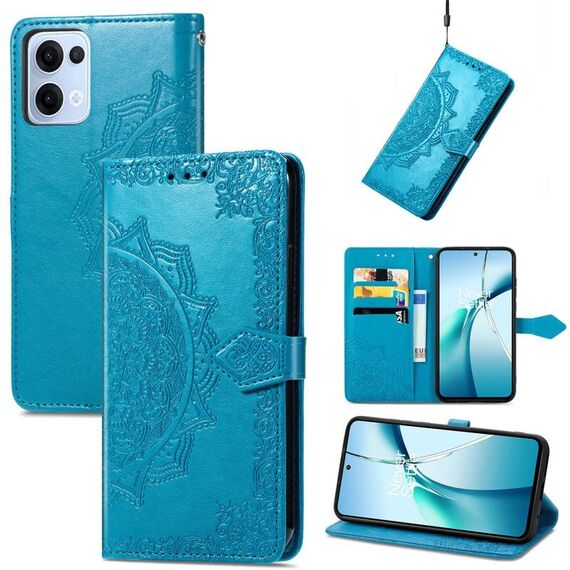 Custodia in pelle goffrata con motivo mandala floreale per OPPO Reno13 (blu)
