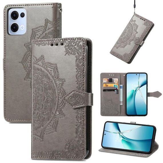 Custodia in pelle con stampa mandala floreale per OPPO Reno13 Pro (grigio)