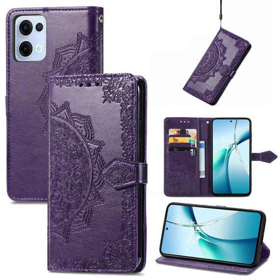 Custodia in pelle goffrata con motivo mandala floreale per OPPO Reno13 Pro (viola)