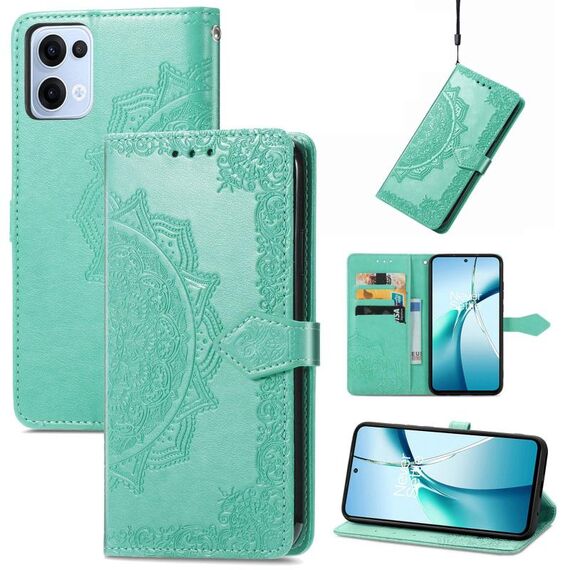 Custodia in pelle goffrata con motivo mandala floreale per OPPO Reno13 Pro (verde)