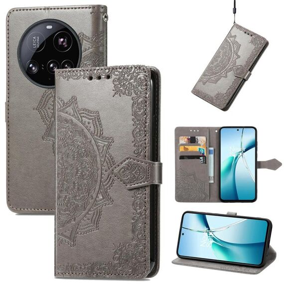 Custodia in pelle goffrata con motivo mandala floreale per Xiaomi 15 Ultra (grigio)