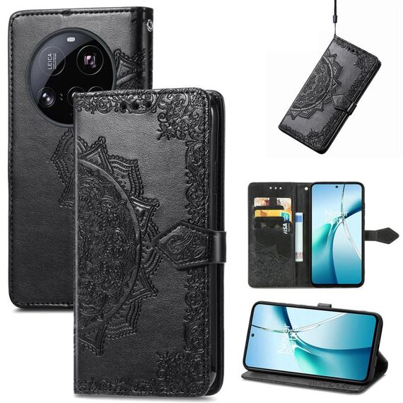 Custodia in pelle goffrata con motivo mandala floreale per Xiaomi 15 Ultra (nera)