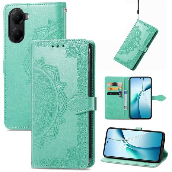 Custodia in pelle goffrata con motivo mandala floreale per Redmi Turbo 4 (verde)