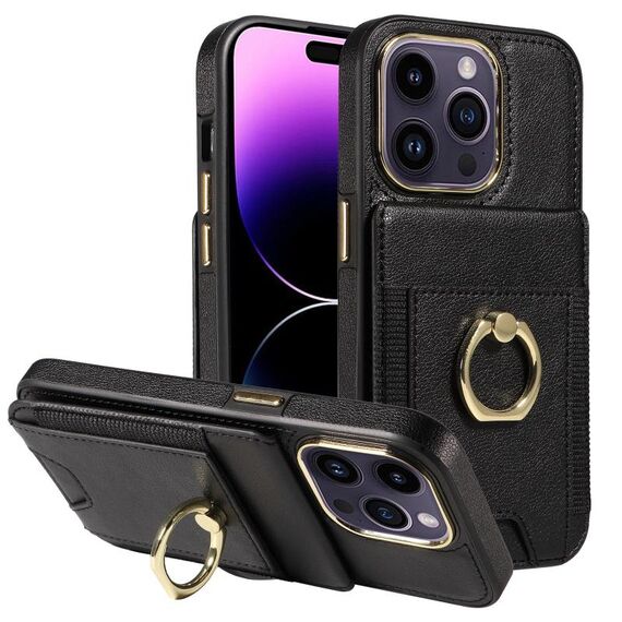 Custodia in pelle per iPhone 16 Pro Max con anello multifunzionale, verticale, con portafoglio e flip cover posteriore (nero)