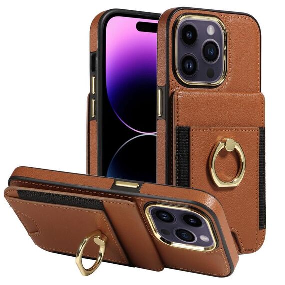 Custodia in pelle per iPhone 16 Pro Max con anello multifunzionale e flip verticale, con retro a portafoglio (marrone)