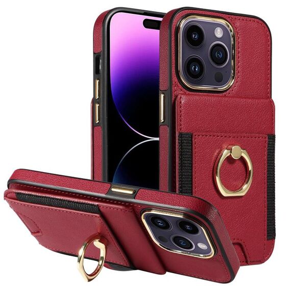 Custodia in pelle per iPhone 16 Pro Max con anello multifunzione verticale e flip, con retro a portafoglio (rosso)