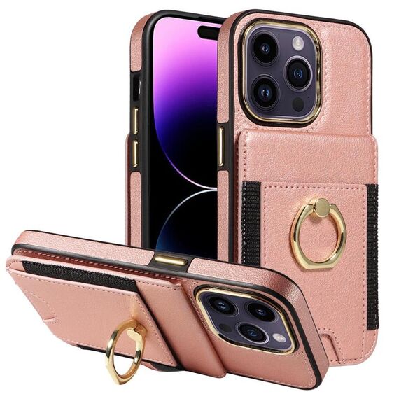 Custodia in pelle per iPhone 16 Pro Max con anello multifunzionale, verticale, con portafoglio e flip cover posteriore (oro rosa)