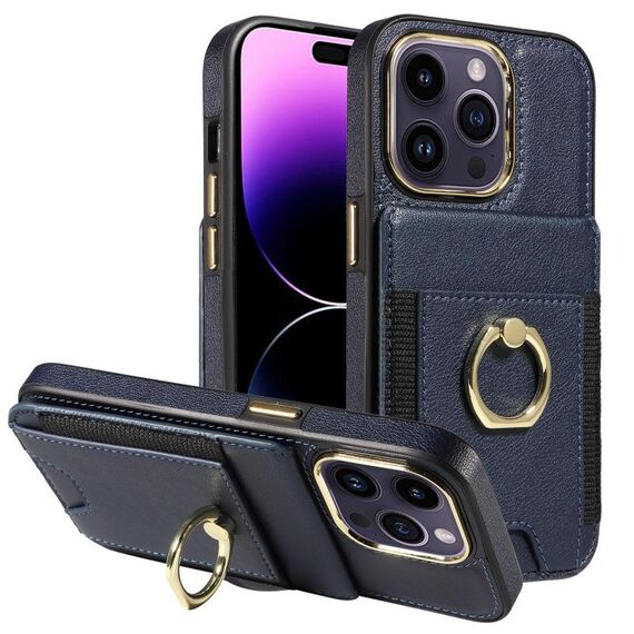 Custodia in pelle per iPhone 16 Pro Max con anello multifunzione, verticale, con chiusura a portafoglio (blu scuro)