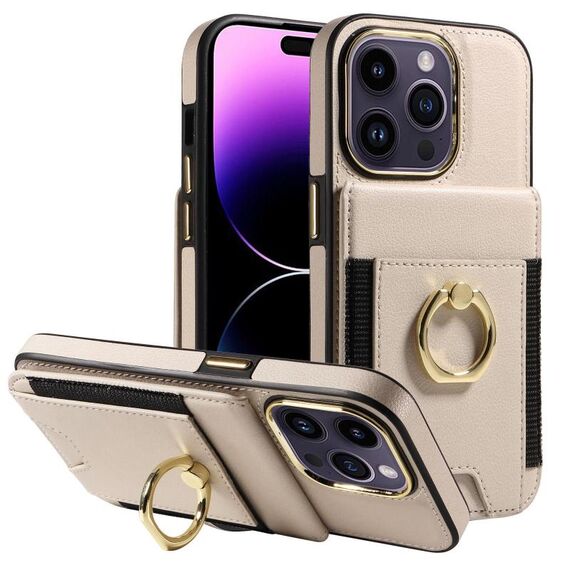 Custodia in pelle per iPhone 16 Pro Max con anello multifunzionale, verticale, con portafoglio e flip cover posteriore (beige)