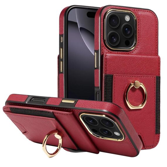 Custodia per iPhone 16 Pro con anello multifunzionale, verticale, con portafoglio e cover posteriore in pelle (rossa)