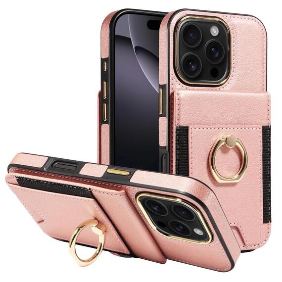 Custodia in pelle per iPhone 16 Pro con anello multifunzionale, verticale, con chiusura a portafoglio e retro, (oro rosa)
