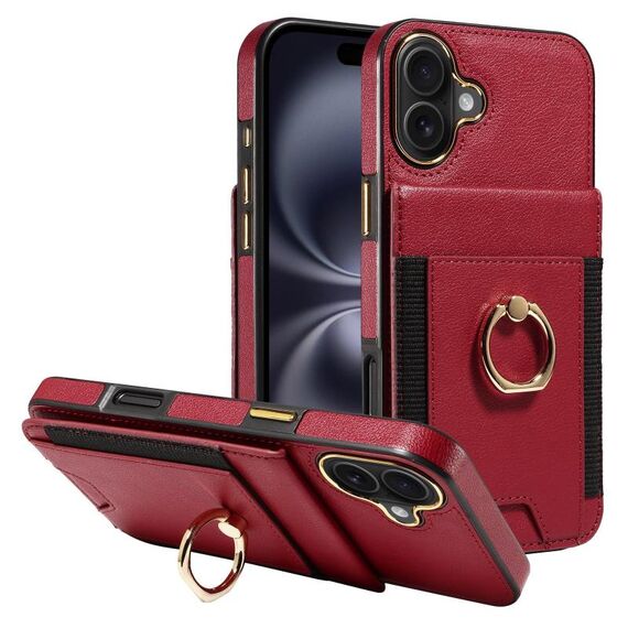Custodia per iPhone 16 Plus con anello multifunzione, verticale, con portafoglio e cover posteriore in pelle (rossa)