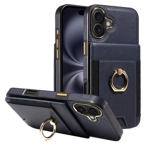 Custodia in pelle per iPhone 16 Plus con anello multifunzione verticale e flip, con retro a portafoglio (blu scuro)