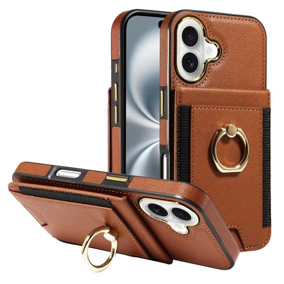 Custodia per iPhone 16 in pelle con chiusura a portafoglio verticale multifunzione ad anello (marrone)