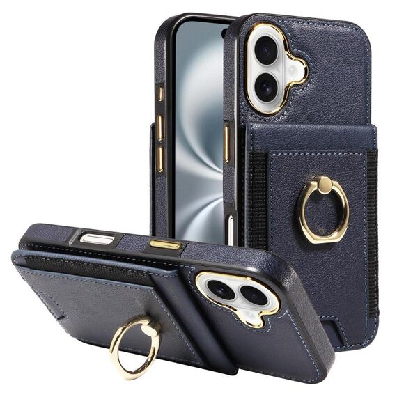 Custodia in pelle per iPhone 16 con anello multifunzione verticale e flip cover posteriore (blu scuro)