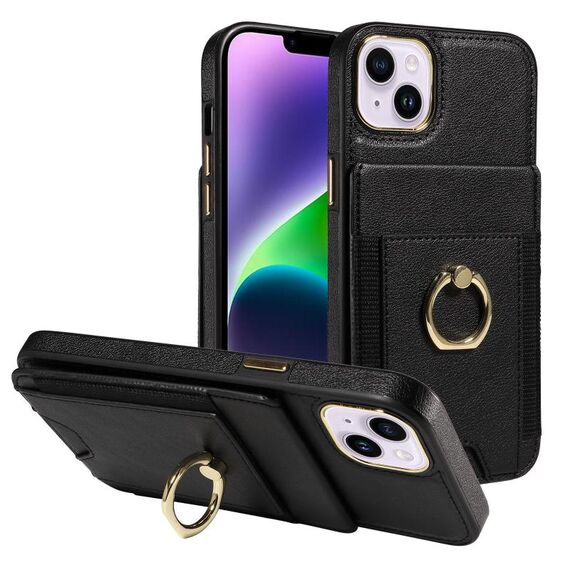 Custodia per iPhone 15 Plus con anello multifunzionale, verticale, con portafoglio e cover posteriore in pelle (nera)