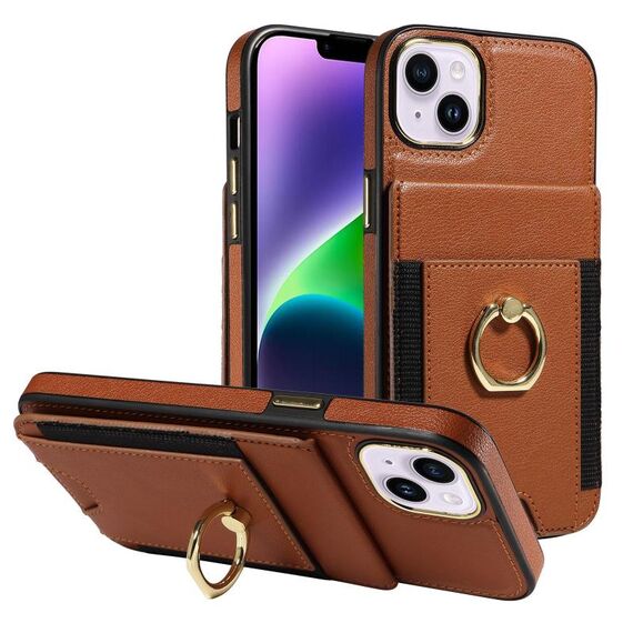 Custodia per iPhone 15 Plus con anello multifunzionale, verticale, con portafoglio e cover posteriore in pelle (marrone)