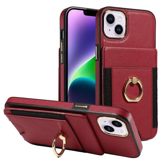 Custodia per iPhone 15 Plus con anello multifunzionale, verticale, con portafoglio e cover posteriore in pelle (rossa)