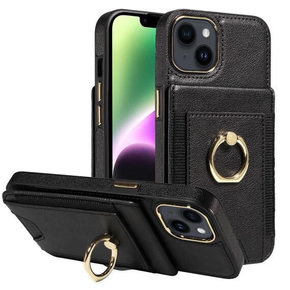 Custodia per iPhone 15 con anello multifunzionale, verticale, con portafoglio e cover posteriore in pelle (nera)