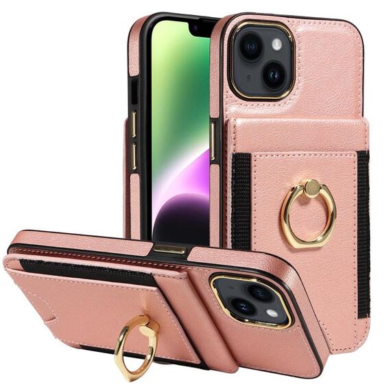 Custodia in pelle per iPhone 15 con anello multifunzionale e flip verticale, con portafoglio e cover posteriore (oro rosa)