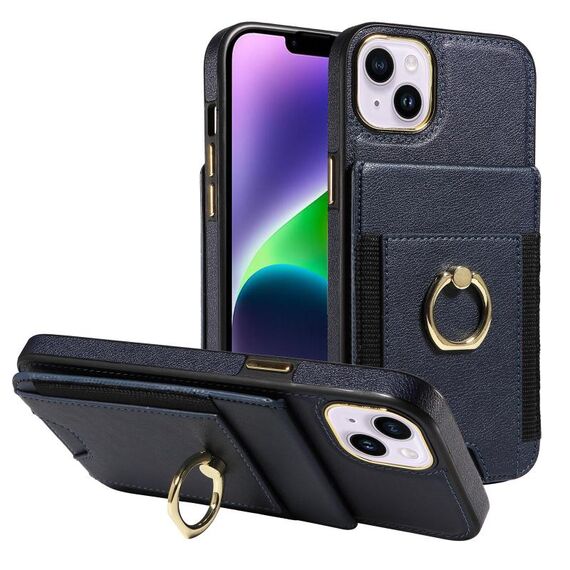 Custodia in pelle per iPhone 14 Plus con anello multifunzione, verticale, con chiusura a portafoglio e retro (blu scuro)