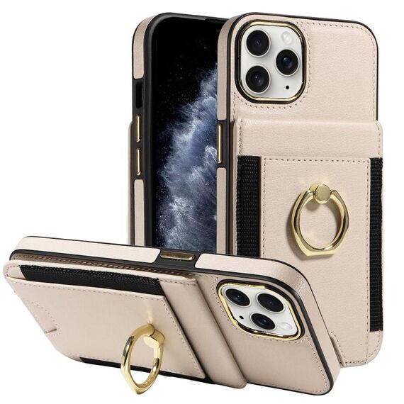 Custodia in pelle per iPhone 11 Pro Max con anello multifunzionale e flip verticale, con retro a portafoglio (beige)