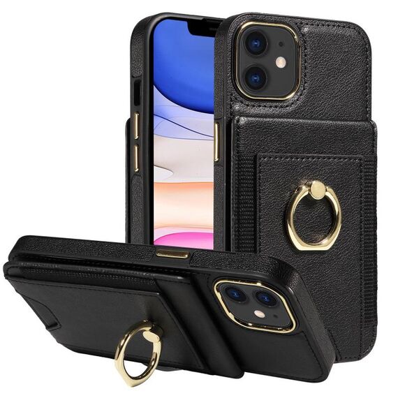 Custodia per iPhone 11 con anello multifunzionale, verticale, con portafoglio e cover posteriore in pelle (nera)