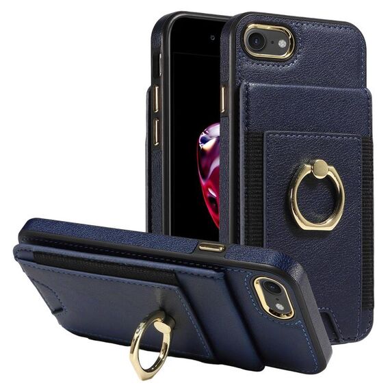 Custodia in pelle per iPhone X / XS con anello multifunzionale, verticale, con chiusura a portafoglio e retro (blu scuro)