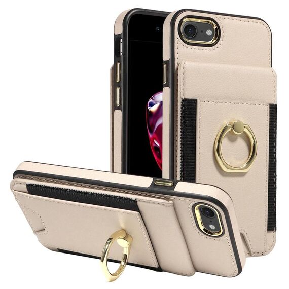 Custodia per iPhone X / XS con anello multifunzione verticale, portafoglio, cover posteriore in pelle (beige)