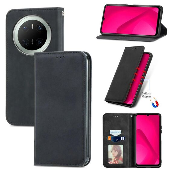Custodia a libro magnetica in pelle con effetto retrò per Huawei Mate 70 (nera)