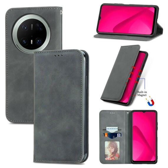 Custodia a libro magnetica in pelle con effetto pelle retrò per Huawei Mate 70 Pro+ (grigio)