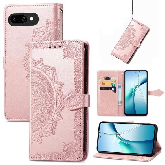 Custodia in pelle con stampa mandala floreale per Google Pixel 9a (oro rosa)