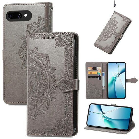 Custodia in pelle con stampa mandala floreale per Google Pixel 9a (grigio)