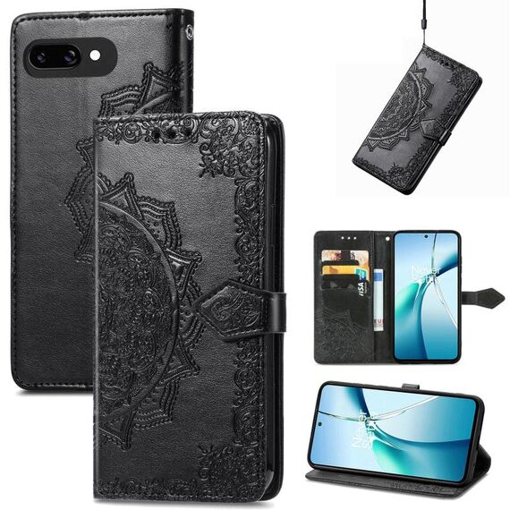Custodia in pelle con stampa mandala floreale per Google Pixel 9a (nera)
